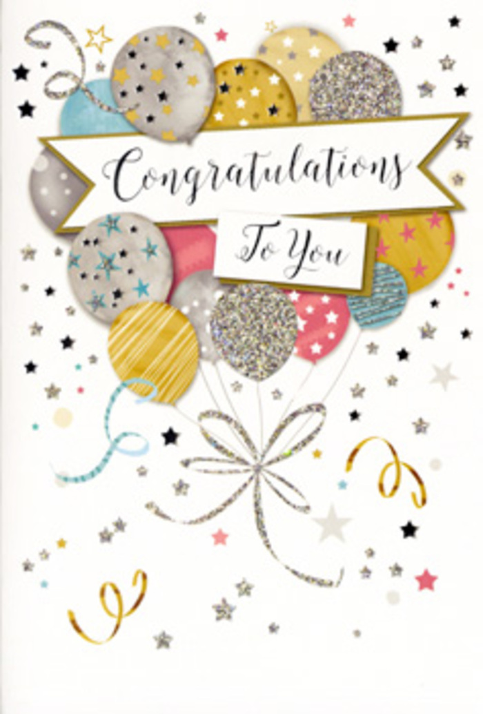 This image shows a refined congratulations card styled like a miniature celebration, perfect to accompany a hand-tied bouquet from a neighbourhood florist in Friern Barnet. Dominating the centre is a cluster of balloons, overlapping in a soft, organic way that suggests depth and gentle movement, as if they were really bobbing in the air. The balloons are rendered in a palette of champagne gold, brushed silver, muted bronze, powder blue, and pale pink, each one decorated with either twinkling star patterns, delicate stripes, or scattered dots that look like finely milled glitter. Their surfaces appear slightly glossy, catching imaginary highlights the way real latex or foil balloons might under shop lighting along Woodhouse Road. Slim strings descend from each balloon, curling and crossing one another in fine lines of gold and soft grey, creating a sense of graceful motion. Draped across the centre is a soft ivory banner, gently arched and bordered with subtle metallic accents, bearing the phrase Congratulations To You in elegant, flowing script that feels both traditional and modern. The background is calm and uncluttered, sprinkled with small metallic stars and swirling ribbons that resemble confetti thrown at a celebration in Friary Park. The overall impression is one of polished festivity - a versatile card suited for graduations, promotions, new ventures, or any proud moment. It visually echoes the feeling of receiving a fresh, celebratory arrangement: light, joyful, and carefully composed to convey admiration and heartfelt joy.