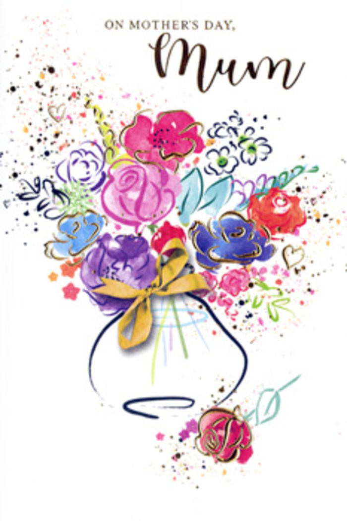 Expressive Mother's Day card artwork showing a bouquet painted in sweeping, watercolour gestures, as if captured in a single inspired sitting by a florist-artist who knows Friern Barnet's love of colourful gardens. The flowers form a loose, rounded cluster, with hot pink and cerise blossoms taking centre stage, edged by inky indigo lines that curl and taper like hand-drawn calligraphy. Around them, softer tones of lilac, violet, cornflower blue, and pale apricot merge and overlap, creating a dreamy haze, while pops of chartreuse green suggest tender new leaves. Fine accents of metallic gold trace select petals and outline parts of the bouquet, lending a subtle sparkle that calls to mind early morning sun on dew-dusted blooms in Friern Barnet parks. The white background remains mostly untouched, yet sprinkles of paint, tiny hearts, and light splashes dance around the arrangement, giving the sense of motion and shared laughter. Below, a whimsical vase is hinted at rather than rigidly drawn, its soft rounded form indicated by a few confident strokes and a shining gold bow detail that recalls the final flourish on a gift bouquet. The composition balances spontaneity with intention, just as a florist adjusts each stem until the whole feels right before sending it out for delivery along quiet residential streets. Without printed wording, the design lets the flowers speak: a graceful, artistic keepsake that conveys admiration, gratitude, and the warm, enduring relationship between a mother and her children in Friern Barnet.