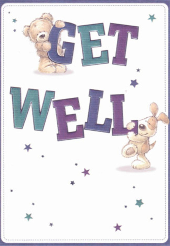 Within this beautifully illustrated get well card lies a story of gentle encouragement familiar to those in Friern Barnet. The cover scene centers on a plush bear and a floppy-eared puppy, their tender interaction surrounded by whimsical stars that flutter like petals caught in a soft Friern Barnet breeze. The bear, shaded in warm tawny hues, balances atop large, inviting purple letters spelling 'GET', while the affectionate pup, its velvety ears perked in anticipation, leans near the rounded 'WELL' in aqua tones. Textures seem almost tangible-from the bear's fuzzy coat to the subtle glint in the puppy's eyes-imbuing the artwork with a quiet sweetness. The confident lettering, shaded in deep jewel tones, rests against a luminous white background, reminiscent of a crisp morning one might experience strolling through Friern Barnet's leafy avenues. Each detail feels carefully arranged, much like a bespoke get well bouquet delivered locally from Friern Barnet Flowers, echoing genuine care and heartfelt optimism. Together, the card's lively composition and soft, hopeful palette create an atmosphere of reassurance and light-a perfect gift to lift spirits and cultivate healing within our North London community.
