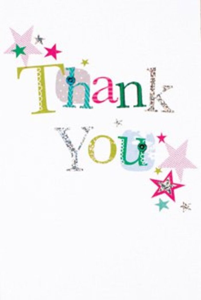 The design of this thank you card reveals a quiet exuberance, much like encountering a hidden pocket of wildflowers on a peaceful Friern Barnet morning. The letters seem to dance across the pristine white surface, each one gracefully stylized-some with playful spots and looping curves, others maintaining a whisper of elegance with their slender, musical forms. The 'Thank You' message comes alive in a symphony of bright colours: from captivating pinks and turquoise to silvery accents that shimmer softly, evoking the gentle sparkle of dew on a garden bloom along Woodhouse Road. Near the inscription, stars in pink, teal, and metallic silver cluster with a celebratory energy, almost as if they are bestowing a blessing upon the words themselves. The whole composition feels modern and airy, brought to life by a gentle dusting of stardust that animates the card's luminous, uncluttered background. There's a certain sophistication in its understated design-a warmth that's neither formal nor casual, making the sentiment universally inviting. Envisioning it complimenting a bouquet delivered for a thank you or just because, it's clear this card brings the fresh, uplifting spirit of Friern Barnet directly to the hearts of those who receive it, much like the memorable feeling of being acknowledged with genuine, thoughtful thanks from a friend or neighbour.