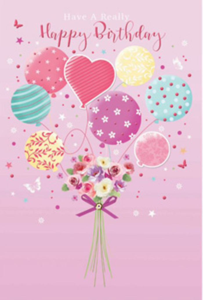 A soft pink canvas becomes the stage for an enchanting birthday scene where balloons and flowers float together, evoking the cosy charm of a Friern Barnet celebration. In the centre, a bouquet of pastel balloons rises, as though about to drift above the trees in Friary Park. Their colours-gentle rose, pale sunshine yellow, cool sea green, and powdery lavender-blend harmoniously, each balloon decorated with playful details. Some carry curling ribbons that twist around their round shapes, others are dotted with cheerful spots, and a few display swirls and tiny blossoms that mirror the floral bouquet below. At the base of this airy cluster rests a hand-tied arrangement of delicate blooms, likely petite roses and daisy-like flowers, their petals soft and velvety, shading from creamy ivory through blush pink into muted mauve. The flowers appear freshly gathered, as if just arranged in a local Friern Barnet florist's studio, stems nestled together and finished with a sparkling purple bow that glints as though caught by a shaft of afternoon light. Tiny stars and fluttering butterflies surround the design like a sprinkling of birthday magic, giving the impression of a garden party suspended in time on a quiet residential street. The mood is gentle yet jubilant, a visual reminder of what it feels like to receive a thoughtfully chosen birthday bouquet delivered right to your door-uplifting, personal, and filled with tender care.