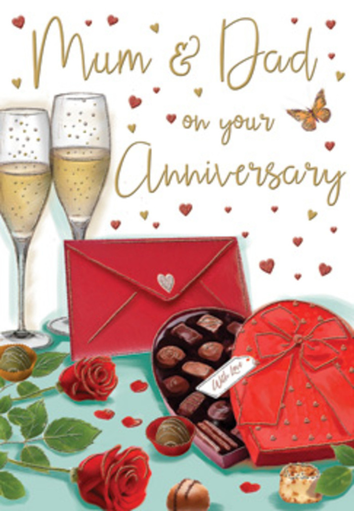Detailed anniversary card artwork capturing a luxurious yet homely celebration, as if set in a welcoming Friern Barnet living room prepared for Mum & Dad. Dominating the foreground are two tall champagne glasses, their slender stems and rounded bowls rendered with crystalline clarity. Each flute is filled with pale golden champagne, tiny bubbles rising in steady streams that suggest joy, gratitude, and the promise of another shared year. Nestled beside them is a heart-shaped box of chocolates clad in rich red, its satin ribbon tied into a full, generous bow that spills softly across the surface. The lid is slightly open, revealing a neat selection of glossy chocolates, each one distinct in shape and shade, hinting at different flavours ready to be savoured together. A pair of lush red roses lies nearby, petals unfurling in velvety curls, as full and freshly cut as the long-stemmed blooms a local florist might prepare at Friern Barnet Flowers for an anniversary delivery. Deep green leaves curve protectively around the blooms, adding a natural, grounding contrast to the indulgent sweets and sparkling drink. Scattered chocolates and tiny hearts in scarlet and metallic gold drift across the tabletop and background, leading the eye toward elegant script dedicated to loving parents. A vivid red envelope sits just off-centre, cleanly sealed and slightly angled, suggesting a personal love note resting inside. The warm, diffused lighting softens every edge, echoing the gentle glow of an evening gathering in a North London home near Friern Barnet Road, where family stories, laughter, and long-held affection quietly fill the room.