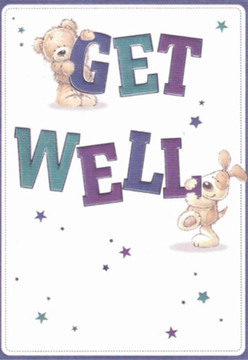 The heart of Friern Barnet's kindness shines through this enchanting get well card, detailed with artistry and care. A cuddly teddy bear, its fur appearing softly textured and inviting, perches atop joyfully rendered 'GET' letters in rich purple-a colour as uplifting as the late-blooming foxgloves found near Friary Park. Just below, a floppy-eared puppy nestles up to the bold, teal 'WELL', the duo's expressive faces alive with hope and gentle affection. Their playful forms echo the innocence of a child exploring Bethune Park, while starbursts of blue and lavender punctuate the background, each one a reminder of optimism and healing overflowing from this design. The crisp, clean background accentuates the cheerful message and soothing palette, its soft radiance akin to the early morning light on Nether Street. As a florist crafting uplifting bouquets for those on the mend, I'm reminded how the smallest gestures-like this card's blend of comforting textures and bold typography-can brighten even the most challenging days. Each stroke reflects a sense of local community and personal touch, capturing the spirit of Friern Barnet in a single, charming scene.