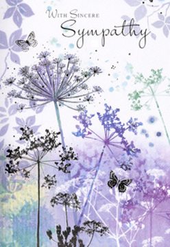 This sympathy card opens to a tranquil botanical vignette that feels as soothing as a slow walk through Friern Barnet's tree-lined avenues near Friern Barnet Lane after a light shower. Slender, spindly wildflowers stretch upwards in graceful arcs, their umbrella-shaped heads finely detailed, as if sketched by hand in diluted inks of violet, indigo, and soft blue-grey. The stems are thin and airy, with tips that seem to fade into the surrounding space, lending the entire composition a sense of breath and movement. Behind the flowers, a veil of muted purples and silvery greens sweeps across the card, like a distant horizon softened by morning fog. Two translucent butterflies hover amid the blooms, their wings tinted with the faintest washes of lavender and blue, so light they look almost like impressions left by a passing breeze. They bring a quiet suggestion of hope and continuity, without intruding on the calm. The palette is deliberately understated, all cool tones and gentle gradients that calm the eye and soften the heart, much like the gentle hush of nearby Oakleigh Park at dawn. Nothing here feels busy or loud; the arrangement invites reflection, offering a moment of stillness to the person holding the card. As a local florist used to creating funeral tributes for families around Friern Barnet, I recognise the language of this design: flowers as a symbol of enduring care, butterflies as a whisper of presence. It is a tender, respectful way to convey sympathy when words alone do not feel enough.