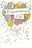 The card in this image is a graceful celebration in paper form, like a festive moment frozen in time and ready to be slipped alongside a bouquet delivered across Friern Barnet. A generous cluster of balloons rises from the centre, overlapping in rounded shapes of gold, silver, champagne, gentle blue, blush pink, and soft grey. Each balloon carries its own personality: some are banded with thin metallic stripes, others are sprinkled with tiny stars or fine, glitter-like dusting that suggests texture under the fingertips. They appear softly illuminated, as though lit by warm indoor light, echoing the glow of local shopfronts near Friern Barnet Flowers on an early evening. From the base of the balloons, delicate strings trail downward in shimmering gold and silvery tones, loosely gathered as if tied by hand, their gentle curves adding a sense of movement. A refined banner sweeps across the middle of the design, lightly shaded and edged, holding the words Congratulations To You in stylish, looping calligraphy that feels sincere and personal. Around this central cluster, the pale background is animated by scattered stars, confetti-like dots, and curling ribbon motifs in muted metallics, evoking a soft shower of celebration. The mood is light, optimistic, and quietly glamorous, suitable for marking new jobs, exam successes, promotions, or any milestone that calls for heartfelt praise. It's the kind of card that visually embraces the recipient, pairing beautifully with fresh flowers to create a complete, thoughtful gesture of congratulations.