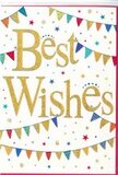 A festive Best Wishes card is pictured, its design capturing the same bright, upbeat spirit you might feel during a community celebration in Friern Barnet. Across the centre of a crisp white background, the words Best Wishes are written in generous, looping gold script. The lettering looks slightly embossed, with a glittery metallic sheen that suggests both luxury and warmth, like sunlight catching on confetti just after it's been thrown. Above and below the message, strands of colourful bunting curve in soft arcs, framing the words like a cheerful border. Each tiny triangular flag is painted in vivid hues-royal blue, cherry red, emerald green, golden yellow, and warm coral-with some flags bearing subtle patterns of stripes, dots, or small geometric designs. The variety of colours and motifs makes the bunting feel handcrafted and personal, as if carefully strung for a garden celebration behind a house near Friern Barnet Road. Dotted in and around the bunting, small stars and round confetti-like specks are scattered across the white space. They repeat the same bright palette, creating a lively sense of motion, as though the card has captured the exact moment when happiness bursts into the air. Despite its playful details, the layout remains clean and balanced, with plenty of white space allowing the eye to rest on the gleaming gold words. The mood is unmistakably positive and supportive, perfect for sending congratulations, wishing luck on a new chapter, or accompanying a bouquet delivered to a friend or family member in Friern Barnet who deserves to feel celebrated and encouraged.
