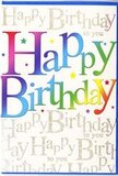 In this photograph, a colourful birthday card stands proudly, presenting a design that effortlessly combines fun and elegance, much like a carefully arranged bouquet waiting for delivery in Friern Barnet. The main focus is the bold phrase Happy Birthday, stretched broadly across the centre in thick, easy-to-read letters. Each character is bathed in a smooth, multi-tonal wash of colour, creating a seamless rainbow that moves from luscious cherry red through glowing orange and sunny yellow into lively green, cool turquoise, and finally into tranquil blue and soft purple. The gradient effect is soft and blended, giving each letter a full, rounded presence, as if they had been hand-painted with care. Behind this cheerful statement, the background is filled with a delicate pattern of repeated Happy Birthday to you phrases, written in an elegant, looping gold script. The metallic letters glint subtly, recalling the flicker of candle flames at a birthday gathering in a cosy Friern Barnet living room. These swirling lines overlap and weave together, forming a gentle, decorative layer that adds sophistication and warmth. Around the central text, tiny star shapes and speckles of colour pick up the same rainbow tones, scattered lightly like party confetti tossed over a decorated table. The card's finish appears smooth and slightly glossy, allowing the gold and rainbow shades to stand out clearly even in soft indoor light. The mood is unmistakably celebratory-perfect for sending heartfelt birthday wishes alongside a vibrant arrangement of seasonal flowers delivered to homes and workplaces throughout the Friern Barnet area.
