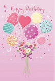 A heartwarming birthday image unfolds on a blush pink background, where a floating bouquet of balloons and fresh flowers seems to drift above the quiet streets of Friern Barnet. The balloons form a loose cluster, painted in soothing pastel tones of pink, mint, lemon, and lilac, each one embellished with its own charming design: some are banded with ribbon-like stripes, others are scattered with polka dots or swirling patterns that feel almost hand-drawn. At the centre, a slightly larger balloon glows with warmth, hinting at the importance of the birthday wish it carries. Below, a compact hand-tied bouquet anchors the scene, brimming with rose-like blooms and daisy-style flowers whose petals soften from ivory to blush and gentle mauve. The blossoms look freshly picked, their imagined fragrance sweet and comforting, held together with a satin-finish purple bow that sparkles delicately as if catching the light from a nearby window on Colney Hatch Lane. Around the balloons and flowers, tiny stars and whimsical butterflies dance, suggesting the joyful movement of a birthday gathering with family and friends. The overall composition feels like a lovingly arranged gift from a trusted local florist-an illustration of the joy that arrives with a pastel bouquet delivered for a birthday in Friern Barnet, full of affection, lightness, and a sense of cherished celebration.