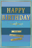 This elegant birthday card feels like a gentle breath of calm on a busy Friern Barnet morning, its carefully layered blue and gold details working together to create a peaceful yet festive mood. The background is a series of wide, horizontal blue stripes, each stripe a slightly different hue: deep navy at the bottom gradually rising through softer denim and teal to a light, almost sky-like blue at the top. The transitions between these tones are smooth, giving the impression of looking out over widening horizons, much like the expansive views near Friary Park. Centered upon this calming backdrop, the words HAPPY BIRTHDAY appear in tall, embossed gold capitals. The letters have a gentle metallic sheen that glows softly rather than glaring, suggesting warmth and sincerity. Directly beneath, a finely detailed gold flourish curls gracefully, lending a subtle touch of vintage charm to the modern striped design. Below this, three slim golden banners stretch horizontally, echoing the stripes behind them. Each banner carries a short, friendly message in neat lettering: Relax, have a great day and enjoy! The card stock appears smooth and slightly matte, making the raised gold details stand out both visually and to the touch. Around the edges, a fine gold border encloses the entire design, giving the impression of a framed artwork you might find lovingly displayed in a Friern Barnet living room. It is easy to imagine this card standing beside a bouquet of fresh birthday flowers on a hallway table, the gold catching the soft light from a nearby window, and the layered blues wrapping the occasion in a sense of calm, contented celebration.