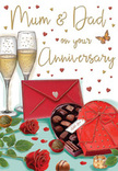 Atmospheric anniversary card illustration portraying a richly romantic tabletop still life, imagined in the gentle evening light of a Friern Barnet home. Two champagne flutes stand close together at the heart of the scene, their clear glass catching soft reflections while fine streams of bubbles float upward through pale golden champagne, ready for a celebratory clink. Just in front, a heart-shaped chocolate box in deep, velvety red rests open, its luxurious satin bow splayed across the surface like an elegant flourish. Inside, assorted chocolates sit neatly in their tray, each one glossy and inviting, suggesting shared treats and quiet conversation. To one side, two red roses with full, velvety petals recline against rich green foliage, their colour intense and romantic, like the freshest stems picked from a local florist not far from Friern Barnet's High Road. A few loose chocolates dot the foreground, adding a sense of relaxed indulgence. Throughout the design, delicate hearts in crimson and gleaming gold drift across a soft background, framing graceful lettering addressed to Mum & Dad and setting a tone of deep appreciation for a long, loving partnership. A bright red envelope, neatly sealed with a small decorative detail, lies nearby, evoking the promise of heartfelt words penned by a son or daughter who may now live just a few streets away near Friary Park. Overall, the illustration weaves together the sparkle of champagne, the sweetness of chocolate, and the timeless beauty of roses into a scene that feels both elegant and deeply familiar, like a cherished anniversary ritual repeated year after year in Friern Barnet.